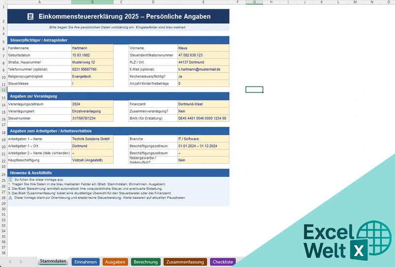 einkommensteuererklärung excel vorlage