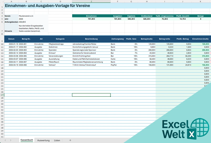 einnahmen ausgaben verein excel vorlage
