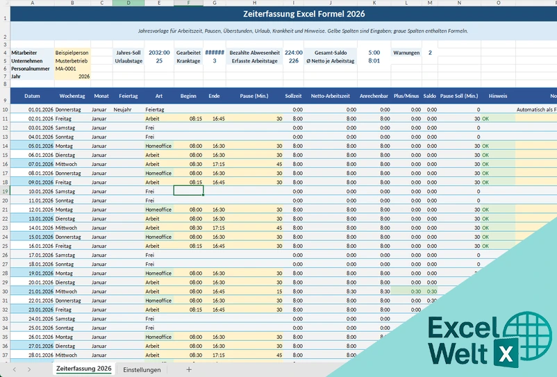 excel formel für zeiterfassung
