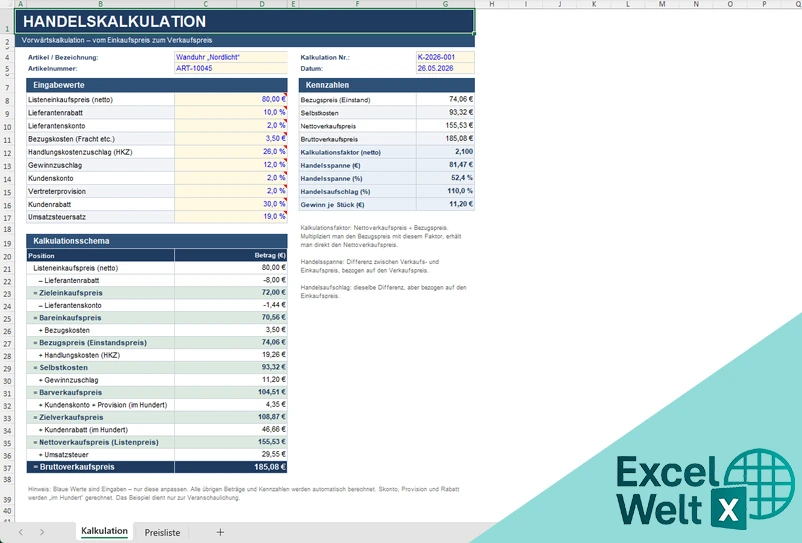 handelskalkulation excel vorlage kostenlos