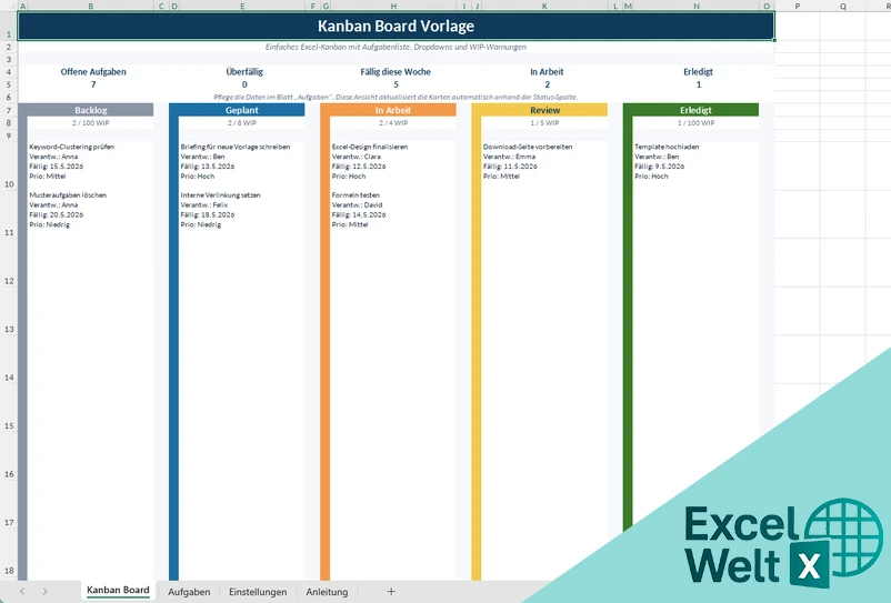 kanban board excel vorlage kostenlos