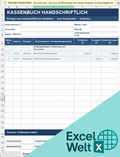 kassenbuch handschriftlich excel vorlage