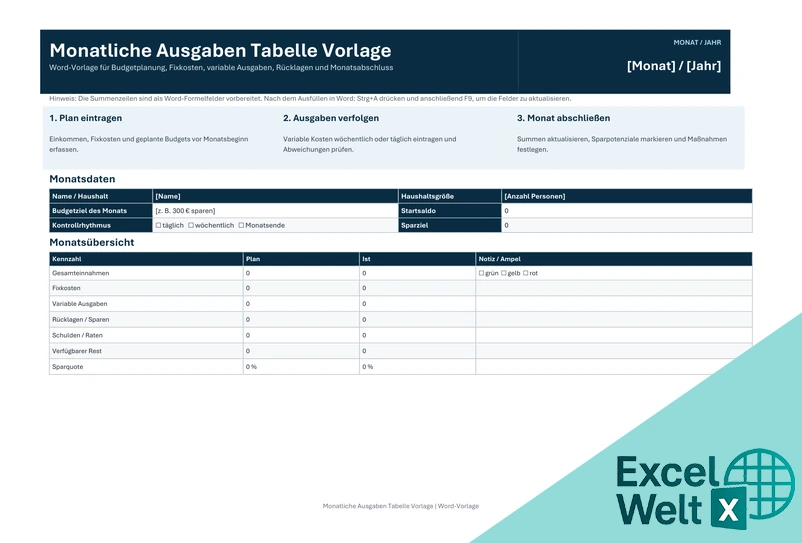 monatliche ausgaben tabelle vorlage word