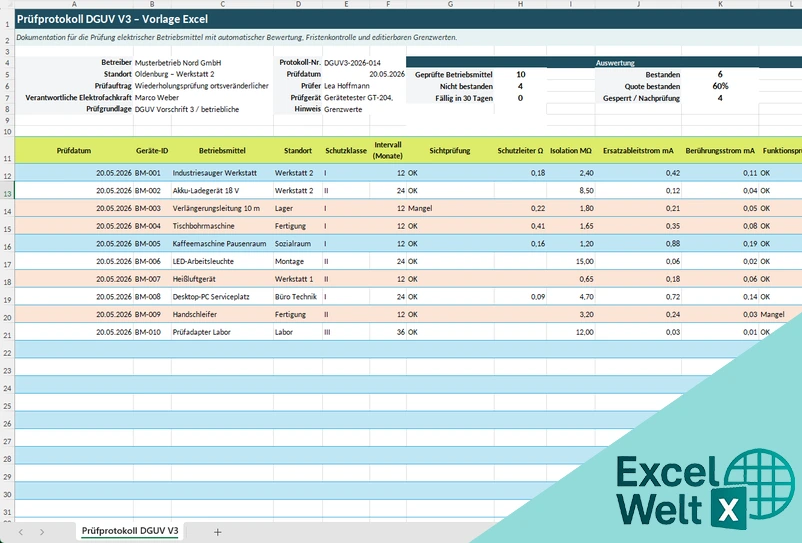 prüfprotokoll dguv v3 excel