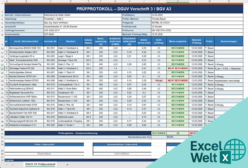 prüfprotokoll dguv v3 vorlage excel