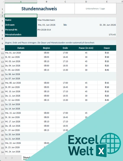 stundennachweis vorlage excel