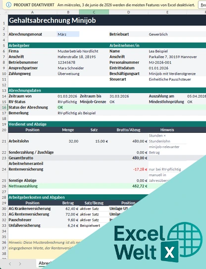 Gehaltsrechnung Minijob Excel Vorlage