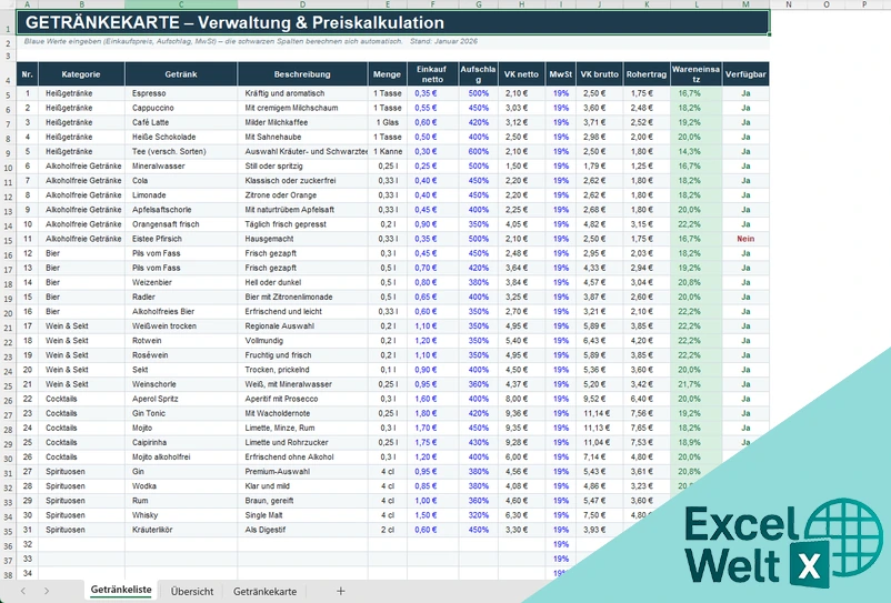 getränkekarte vorlage excel