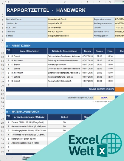 handwerk rapportzettel vorlage excel