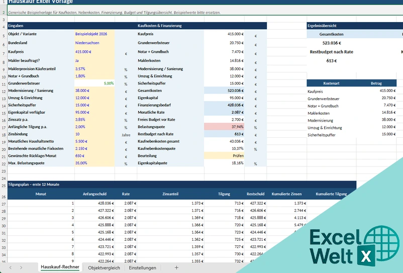hauskauf excel vorlage kostenlos