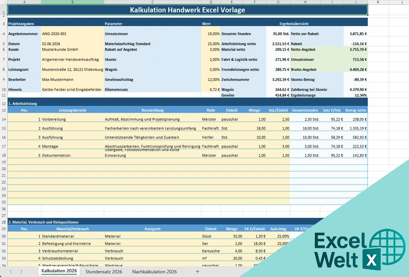 kalkulation handwerk excel vorlage kostenlos