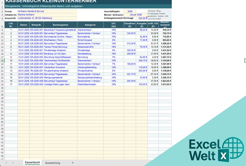 kassenbuch kleinunternehmer excel