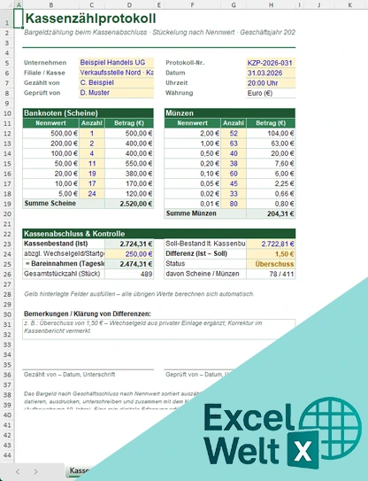 kassenzählprotokoll excel vorlage kostenlos