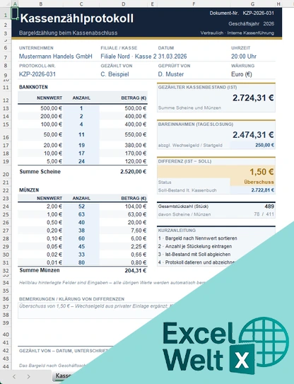 kassenzählprotokoll excel vorlage