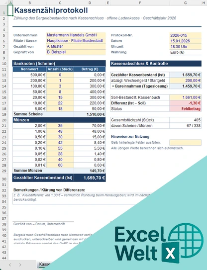 kassenzählprotokoll vorlage excel