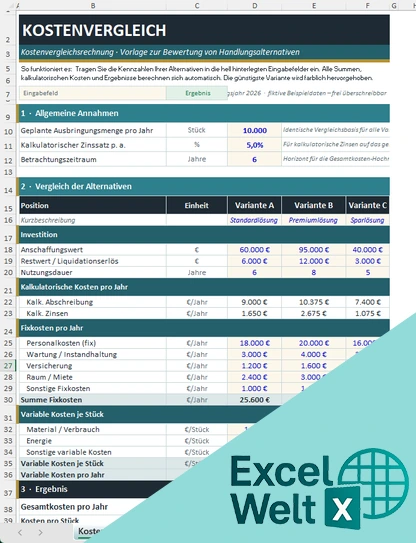 Kostenvergleich Excel Vorlage Kostenlos