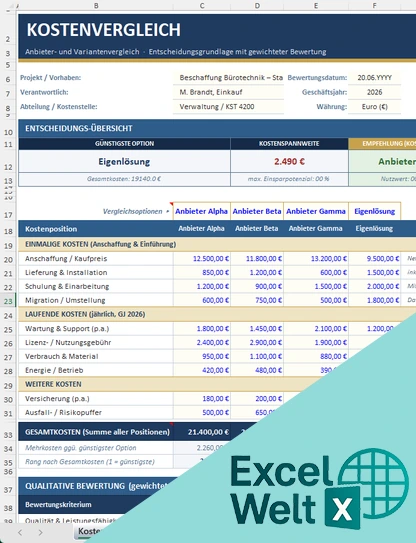 Kostenvergleich Excel Vorlage