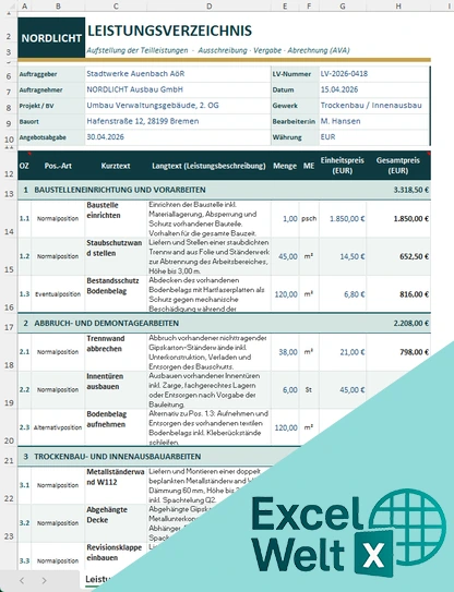 Leistungsverzeichnis Excel Vorlage