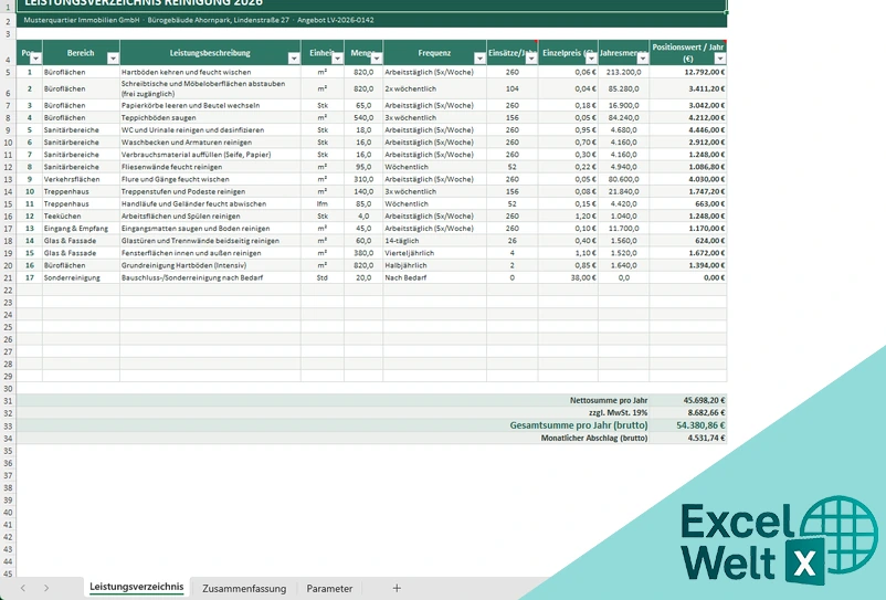 Leistungsverzeichnis Reinigung Vorlage Excel