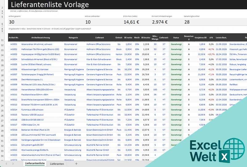Lieferantenliste Excel Vorlage Kostenlos