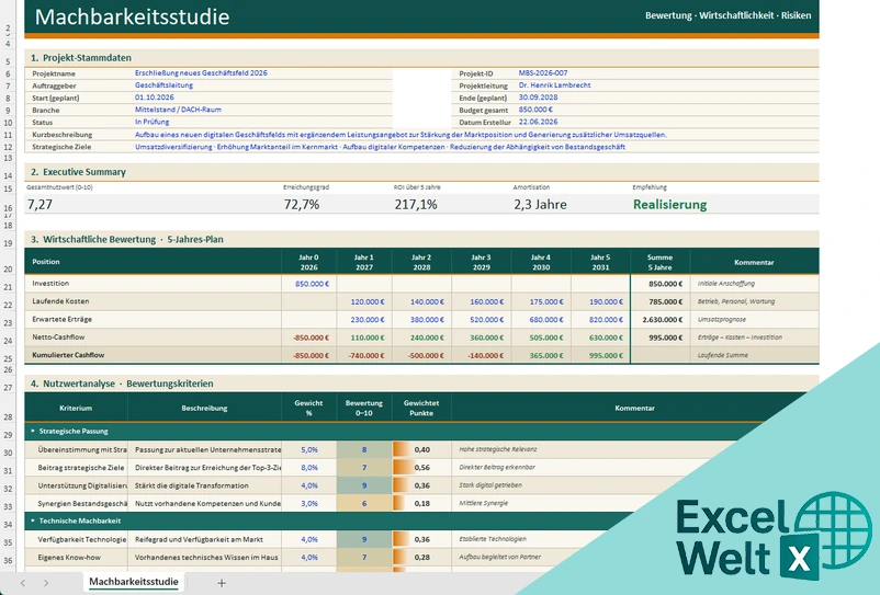 machbarkeitsstudie vorlage excel