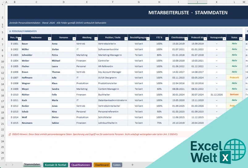 mitarbeiterliste excel vorlage kostenlos
