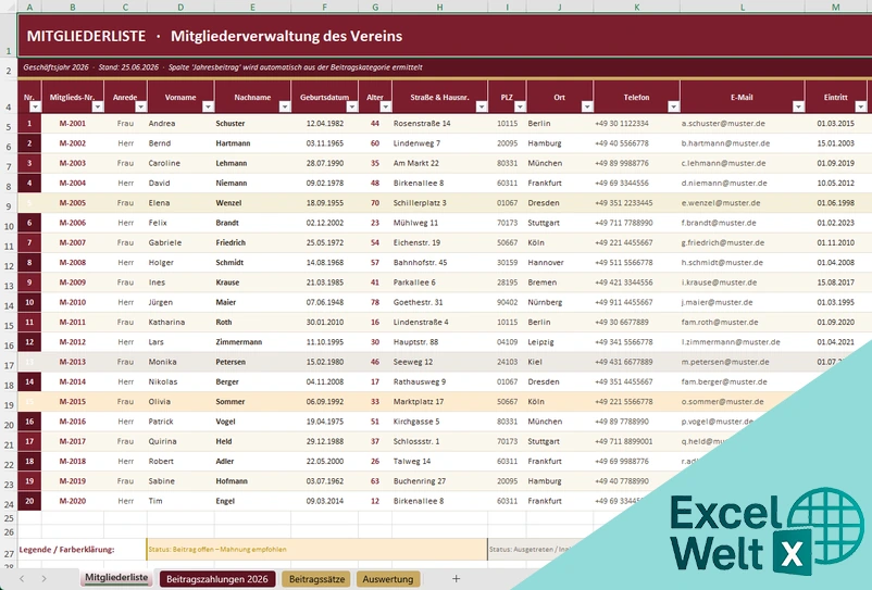 Mitgliederliste Excel Vorlage kostenlos mitgliederliste excel vorlage kostenlos