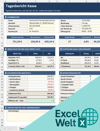 tagesbericht kasse vorlage excel