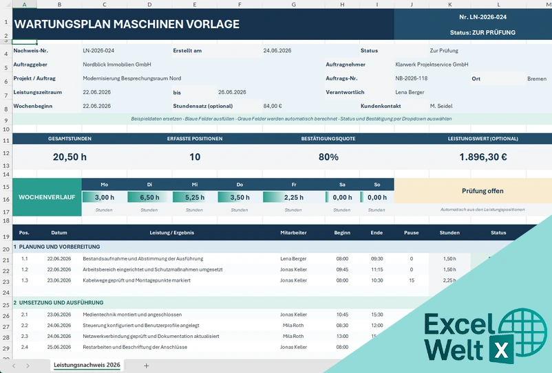 Wartungsplan Maschinen Vorlage Excel Kostenlos