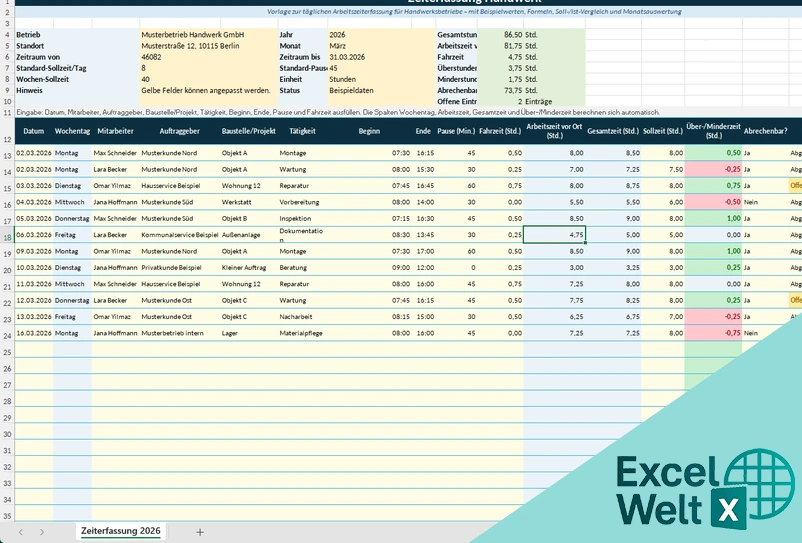 zeiterfassung handwerk excel kostenlos