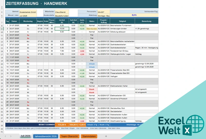 zeiterfassung handwerk excel