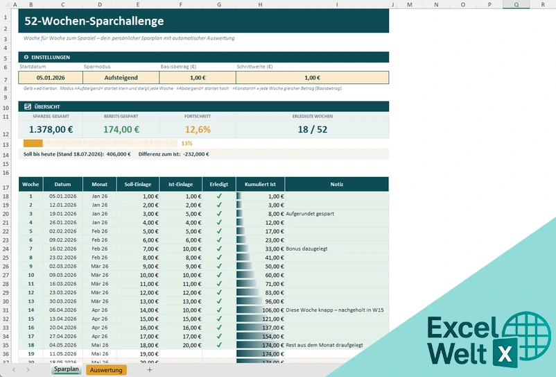 52 Wochen Challenge Excel Vorlage Kostenlos