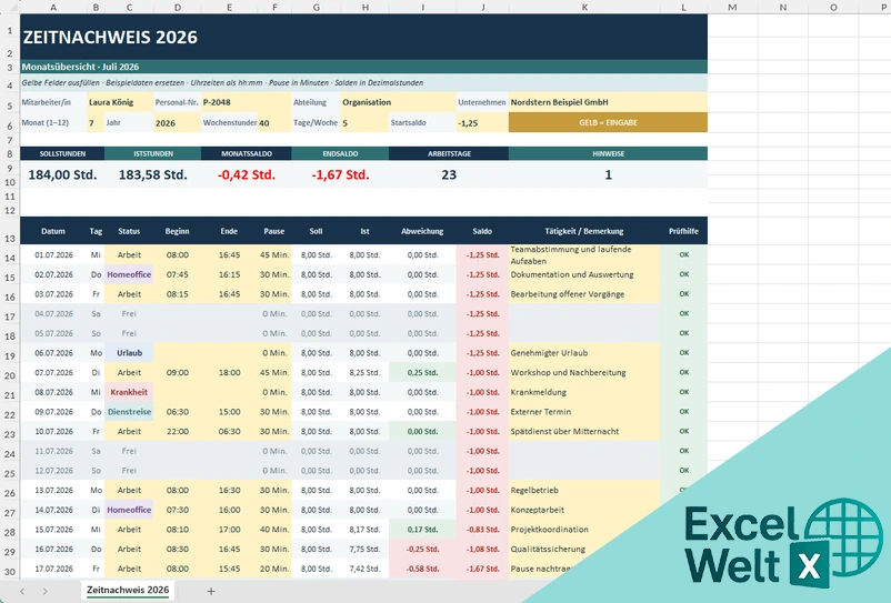 Zeitnachweis excel
