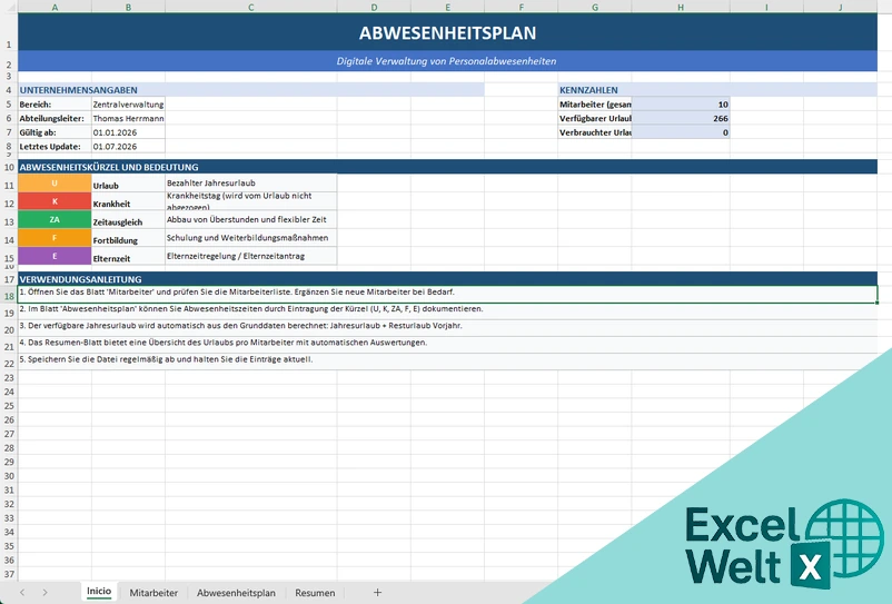 Abwesenheitsplan Excel