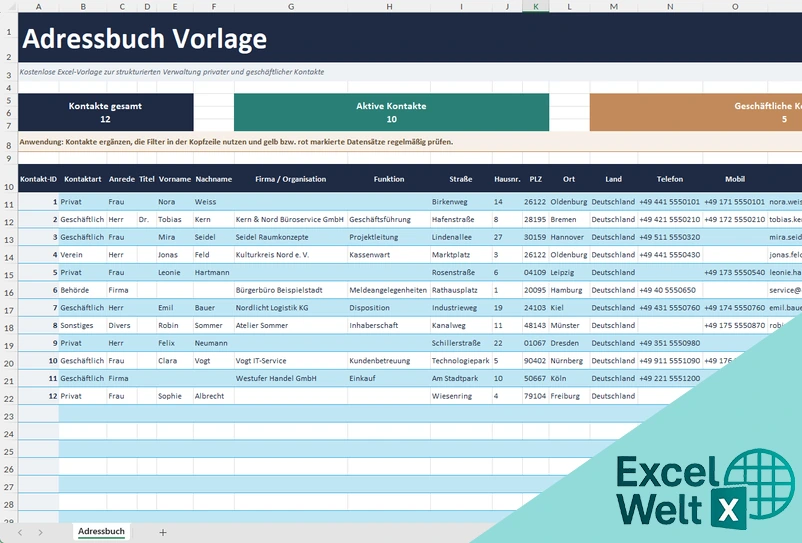 Adressverwaltung Excel Vorlage Kostenlos