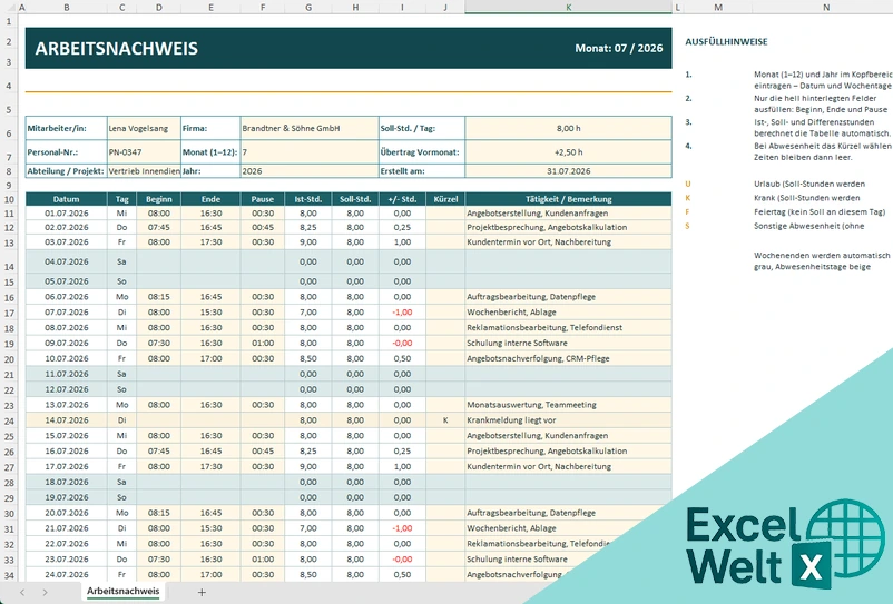 arbeitszeitnachweis vorlage excel