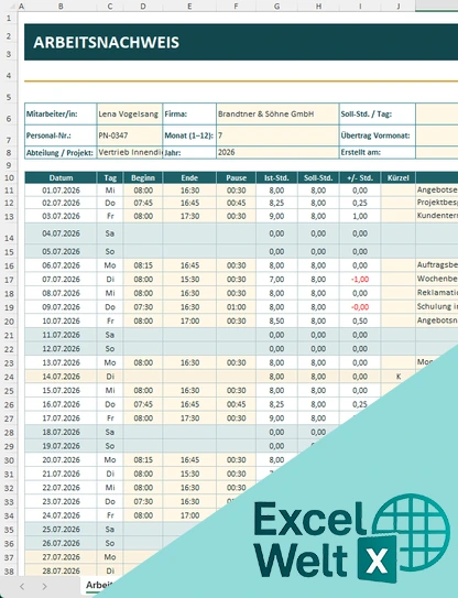 arbeitszeitnachweis vorlage excel