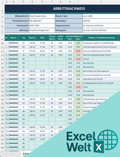 excel arbeitszeitnachweis