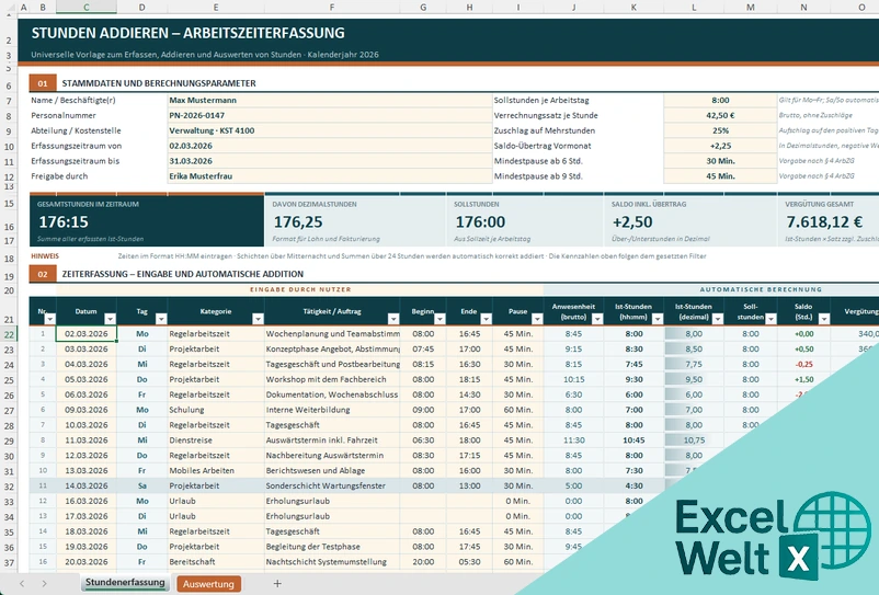 Excel Stunden Addieren Vorlage