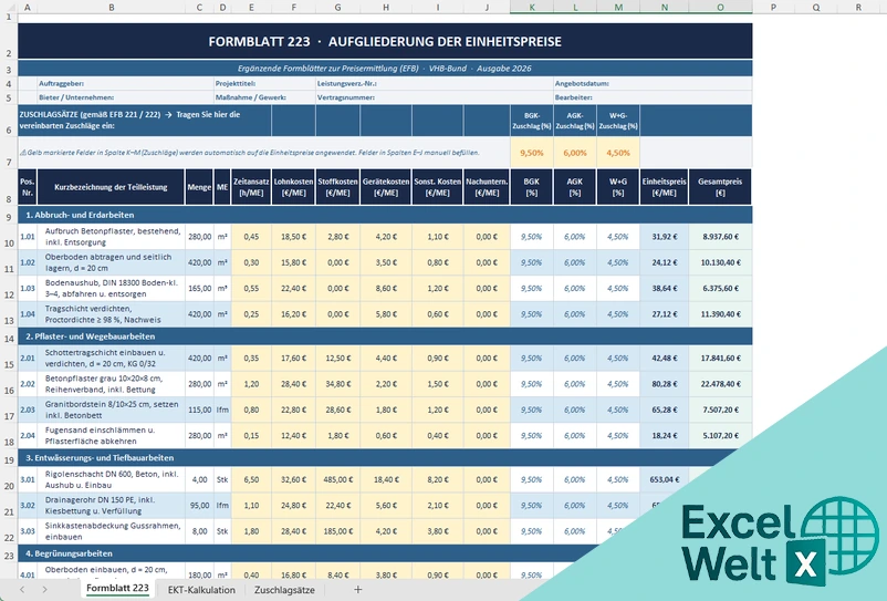 Formblatt 223 Vorlage Excel