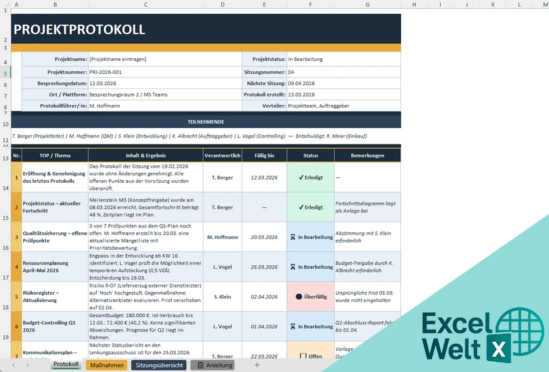 projekt protokoll excel vorlage