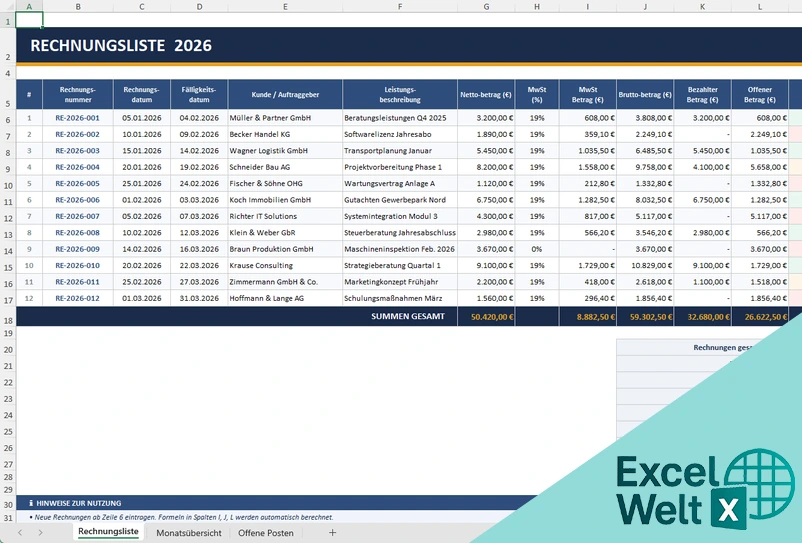rechnungsliste excel