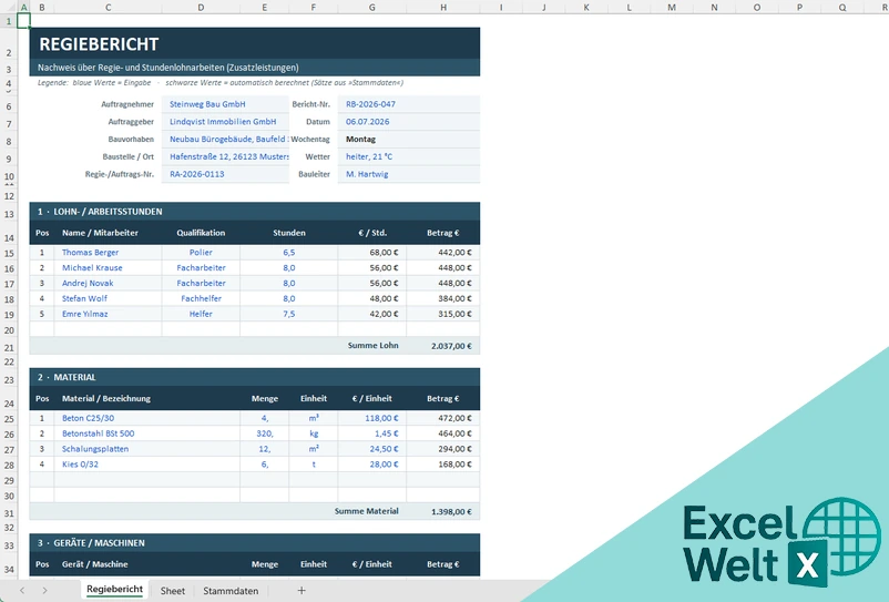 regiebericht vorlage excel