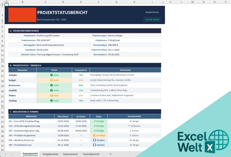 statusbericht projekt vorlage excel