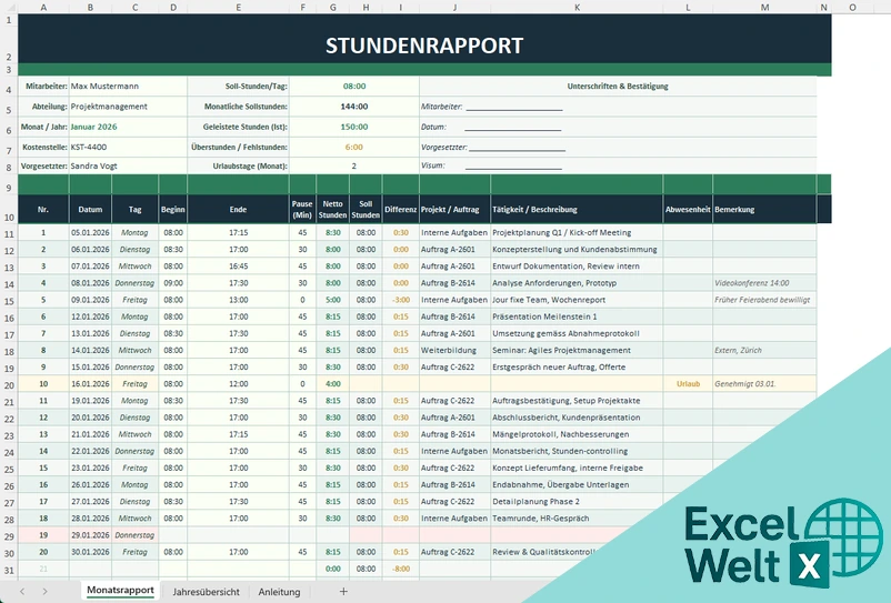 stundenrapport vorlage excel
