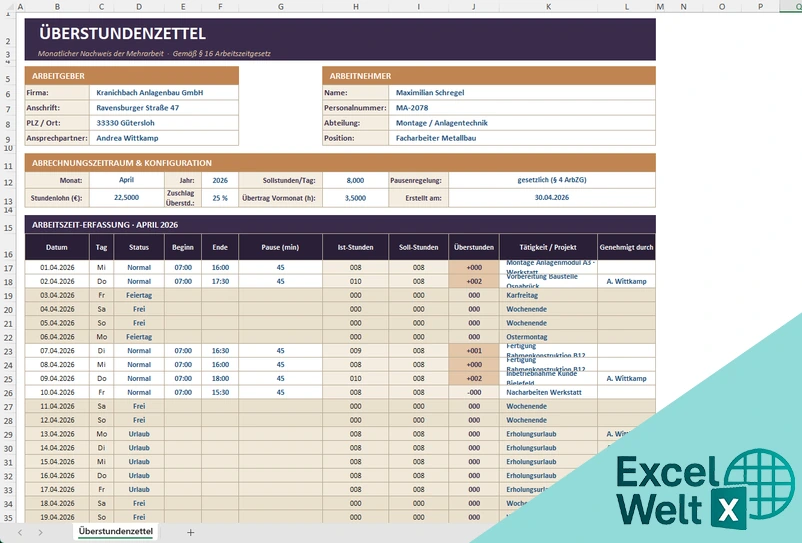 überstundenzettel excel vorlage