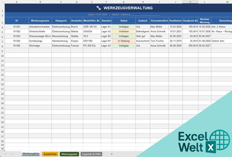 werkzeugverwaltung excel vorlage kostenlos