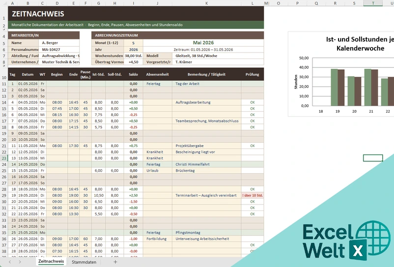 zeitnachweis excel vorlage
