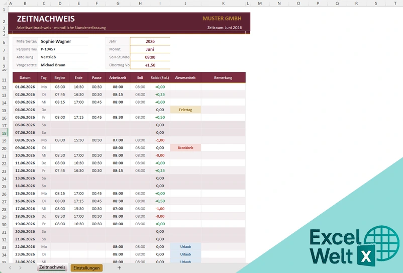 Zeitnachweis Vorlage Excel