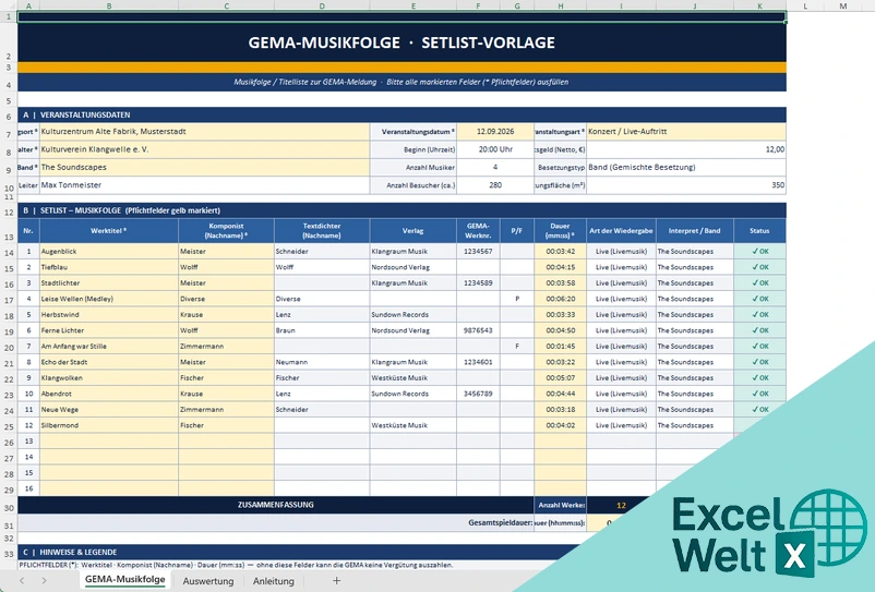 GEMA Liste Vordruck